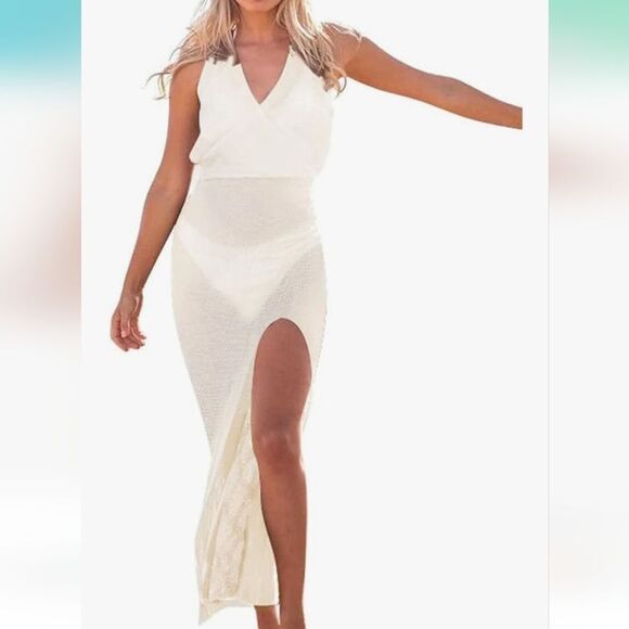 NWT Chic Crochet Long Cream Swim Coverup - Picture 1 of 2